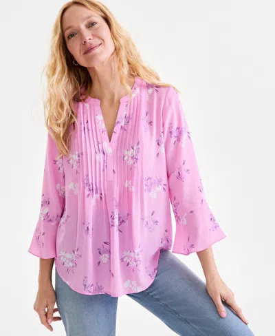 Style & Co Women's Printed Pintuck Ruffle Sleeve Blouse, Exclusively At Macy's In Millie Pink