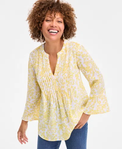 Style & Co Women's Printed Pintuck Ruffle Sleeve Top, Exclusively At Macy's In White