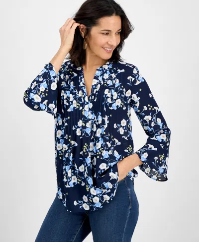Style & Co Women's Printed Pintuck Ruffle Sleeve Top, Exclusively At Macy's In Blue