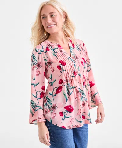 Style & Co Women's Printed Pintuck Ruffle Sleeve Top, Exclusively At Macy's In Multi