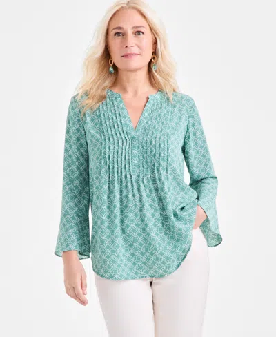 Style & Co Women's Printed Pintuck Ruffle Sleeve Top, Exclusively At Macy's In Green