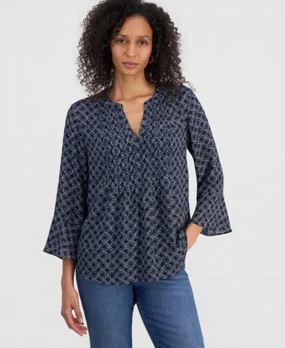 Style & Co Women's Printed Pintuck Ruffle Sleeve Top, Exclusively At Macy's In Blue