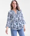 Style & Co Women's Printed Pintuck Ruffle Sleeve Top, Exclusively At Macy's In Blue Print
