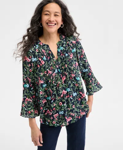 Style & Co Women's Printed Pintuck Ruffle Sleeve Top, Exclusively At Macy's In Floral Indigo Blue