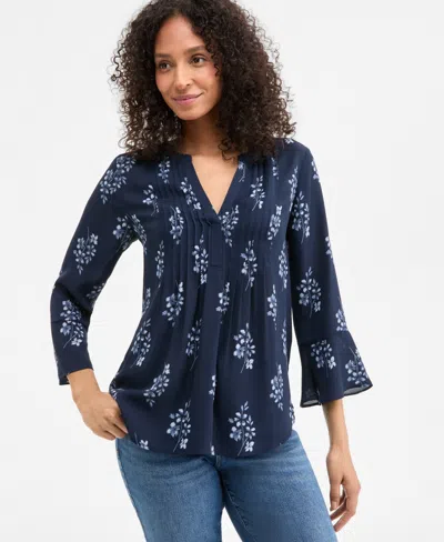 Style & Co Women's Printed Pintuck Ruffle Sleeve Top, Exclusively At Macy's In Blue