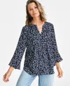 Style & Co Style Co Womens Printed Pintuck Ruffle Sleeve Top Xs Pxl Created For Macys In Navy Fauna
