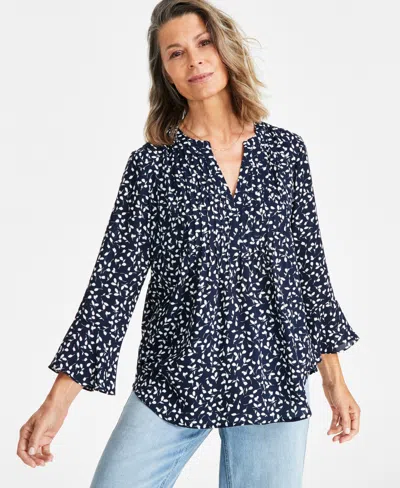 Style & Co Women's Printed Pintuck Ruffle Sleeve Top, Regular & Petite, Created For Macy's In Navy Fauna