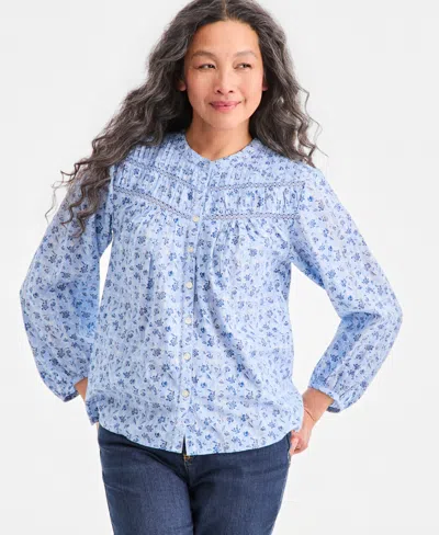 Style & Co Women's Printed Pintuck-yoke Blouse, Macy's Exclusive In Blue