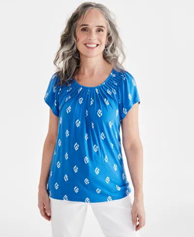 Style & Co Women's Printed Pleated Scoop-neck Top, Created For Macy's In Ikat Cobalt