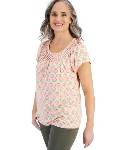 Style & Co Women's Printed Pleated Scoop-neck Top, Created For Macy's In Flower Pink