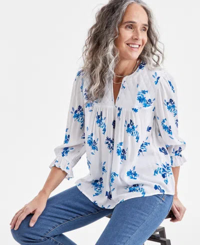 Style & Co Women's Printed Quilted Split-neck Blouse, Exclusively At Macy's In Millie Bright White