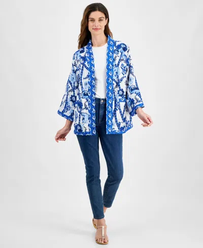 Style & Co Women's Printed Reversible Open-front Kimono, Created For Macy's In Blue White Print