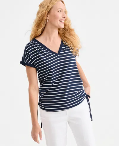 Style & Co Women's Striped Ruched Tie Hem T-shirt, Macy's Exclusive In Blue