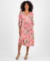 Style & Co Women's Printed Ruffle-trim Split-neck Dress, Macy's Exclusive In Pink
