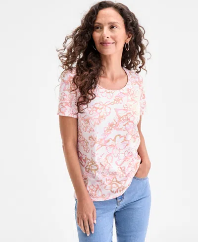 Style & Co Women's Printed Scoop-neck Short-sleeve Top, Exclusively At Macy's In Pink