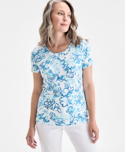 Style & Co Women's Printed Scoop-neck Short-sleeve Top, Exclusively At Macy's In Blue