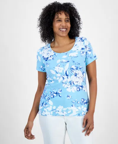 Style & Co Petite Floral-print Scoop-neck Short-sleeve Knit Top, Exclusively At Macy's In Alice Aqua