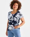 Style & Co Women's Printed Short-sleeve Embroidered Top, Exclusively At Macy's In Alice Indigo
