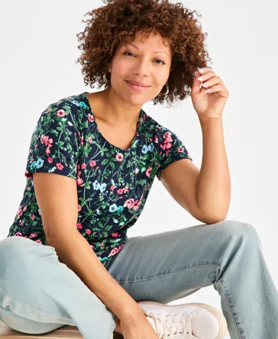 Style & Co Petite Floral-print Scoop-neck Short-sleeve Knit Top, Exclusively At Macy's In Garden Blue