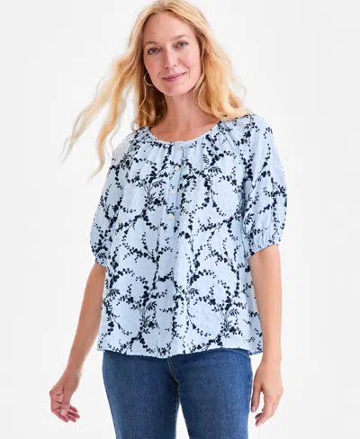 Style & Co Women's Printed Seersucker Split Neck Top, Macy's Exclusive In Blue