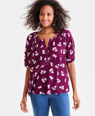 Style & Co Women's Printed Seersucker Split Neck Top, Macy's Exclusive In Purple