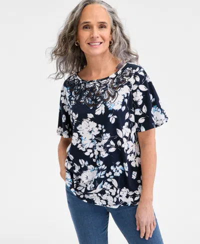 Style & Co Women's Printed Short-sleeve Embroidered Top, Exclusively At Macy's In Alice Ind