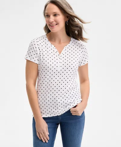 Style & Co Women's Printed Short-sleeve Henley T-shirt, Exclusively At Macy's In White