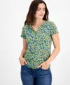 Style & Co Women's Printed Short-sleeve Henley T-shirt, Exclusively At Macy's In Floral Green