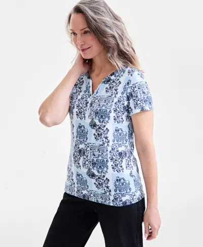 Style & Co Women's Printed Short-sleeve Henley T-shirt, Exclusively At Macy's In Tonal Blue