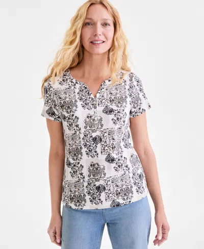 Style & Co Women's Printed Short-sleeve Henley T-shirt, Exclusively At Macy's In Tonal White