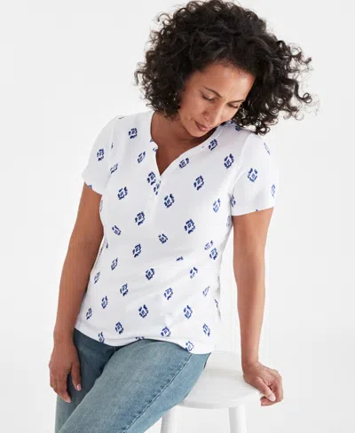 Style & Co Plus Size Printed Short-sleeve Henley Top, Created For Macy's In Ikat White
