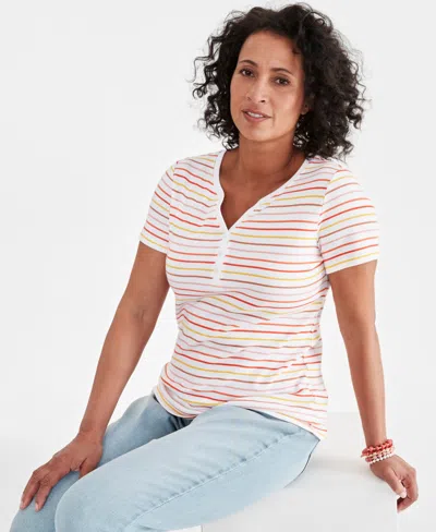 Style & Co Women's Printed Short-sleeve Henley Top, Created For Macy's In Stripe White