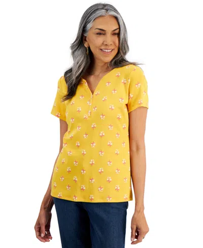 Style & Co Plus Size Printed Short-sleeve Henley Top, Created For Macy's In Yellow Floral