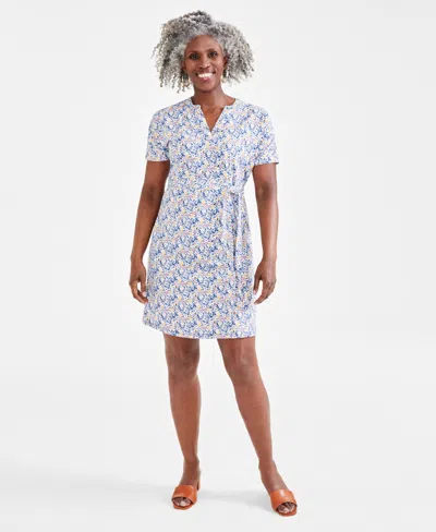 Style & Co Women's Printed Short Sleeve Knit Dress, Created For Macy's In Ditsy Blue
