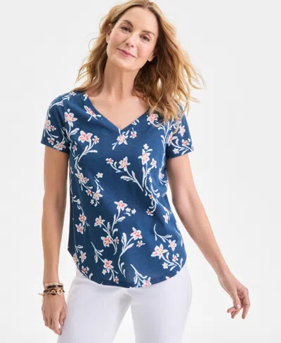Style & Co . Women's Printed Short-sleeve V-neck T-shirt, Macy's Exclusive In Blue