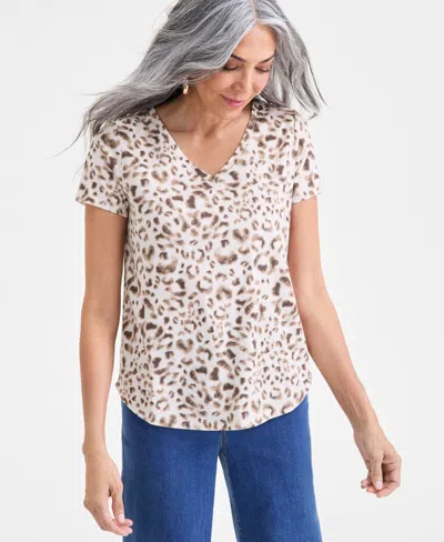 Style & Co Women's Printed Short-sleeve V-neck T-shirt, Macy's Exclusive In Neutral