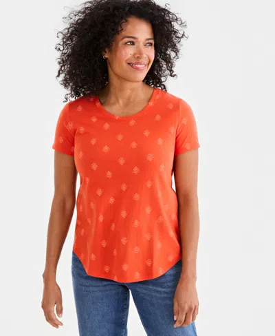 Style & Co Women's Printed Short-sleeve Crewneck T-shirt, Macy's Exclusive In Orange