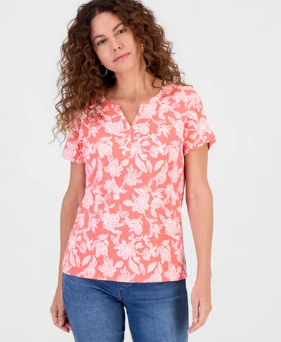Style & Co Women's Printed Short-sleeve Henley Top, Macy's Exclusive In Pink