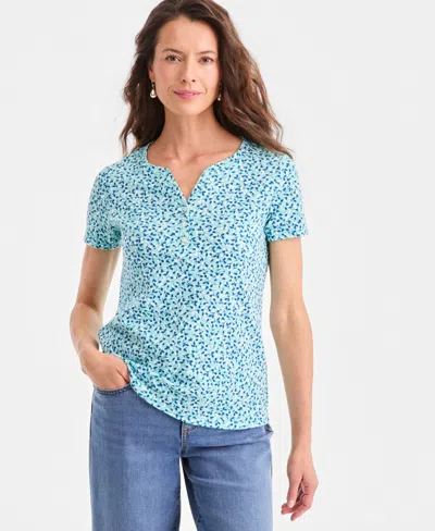 Style & Co Women's Printed Short-sleeve Henley Top, Macy's Exclusive In Blue