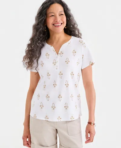 Style & Co Style Co Womens Printed Short Sleeve Henley Top Macys Exclusive In Orange Bisque
