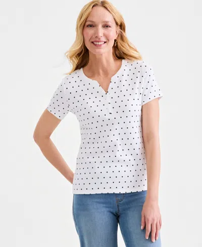 Style & Co Women's Printed Short-sleeve Henley Top, Macy's Exclusive In White