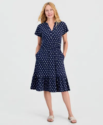 Style & Co Women's Printed Short-sleeve Knit Dress, Macy's Exclusive In Blue