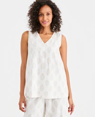Style & Co Women's Printed Sleeveless Linen V-neck Tunic, Macy's Exclusive In White