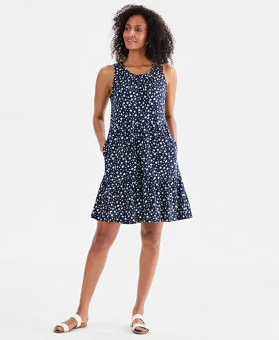 Style & Co Style Co Womens Printed Sleeveless Tiered Dress Macys Exclusive In Blue
