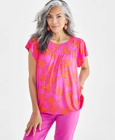 Style & Co Women's Printed Smocked-neck Knit Top, Created For Macy's In Iris Tulip
