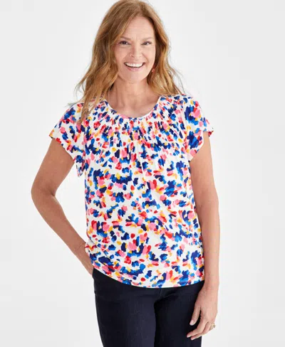 Style & Co Women's Printed Smocked-neck Knit Top, Created For Macy's In Multi Dye