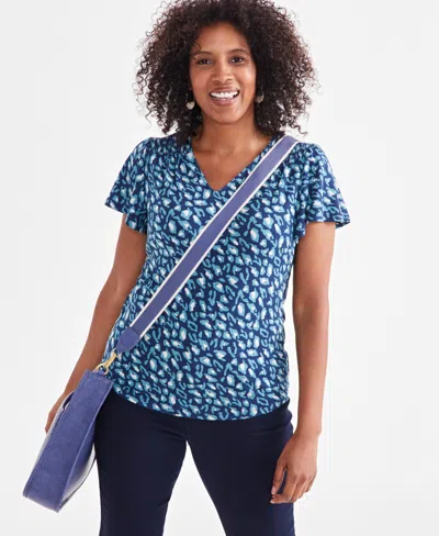 Style & Co Women's Printed Smocked-shoulder V-neck Top, Created For Macy's In Animal Blue