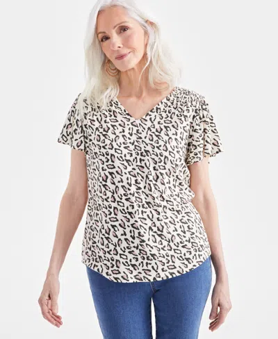 Style & Co Women's Printed Smocked-shoulder V-neck Top, Created For Macy's In Animal Natural