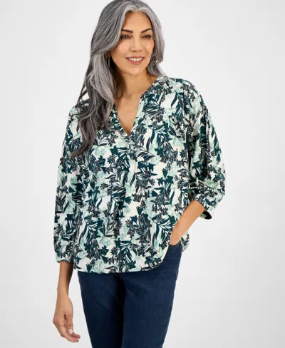 Style & Co Women's Printed Split-neck 3/4-sleeve Knit, Exclusively At Macy's In Blue