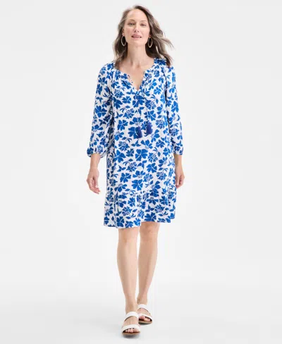 Style & Co Women's Printed Split-neck 3/4 Sleeve Shift Dress, Exclusively At Macy's In Blue